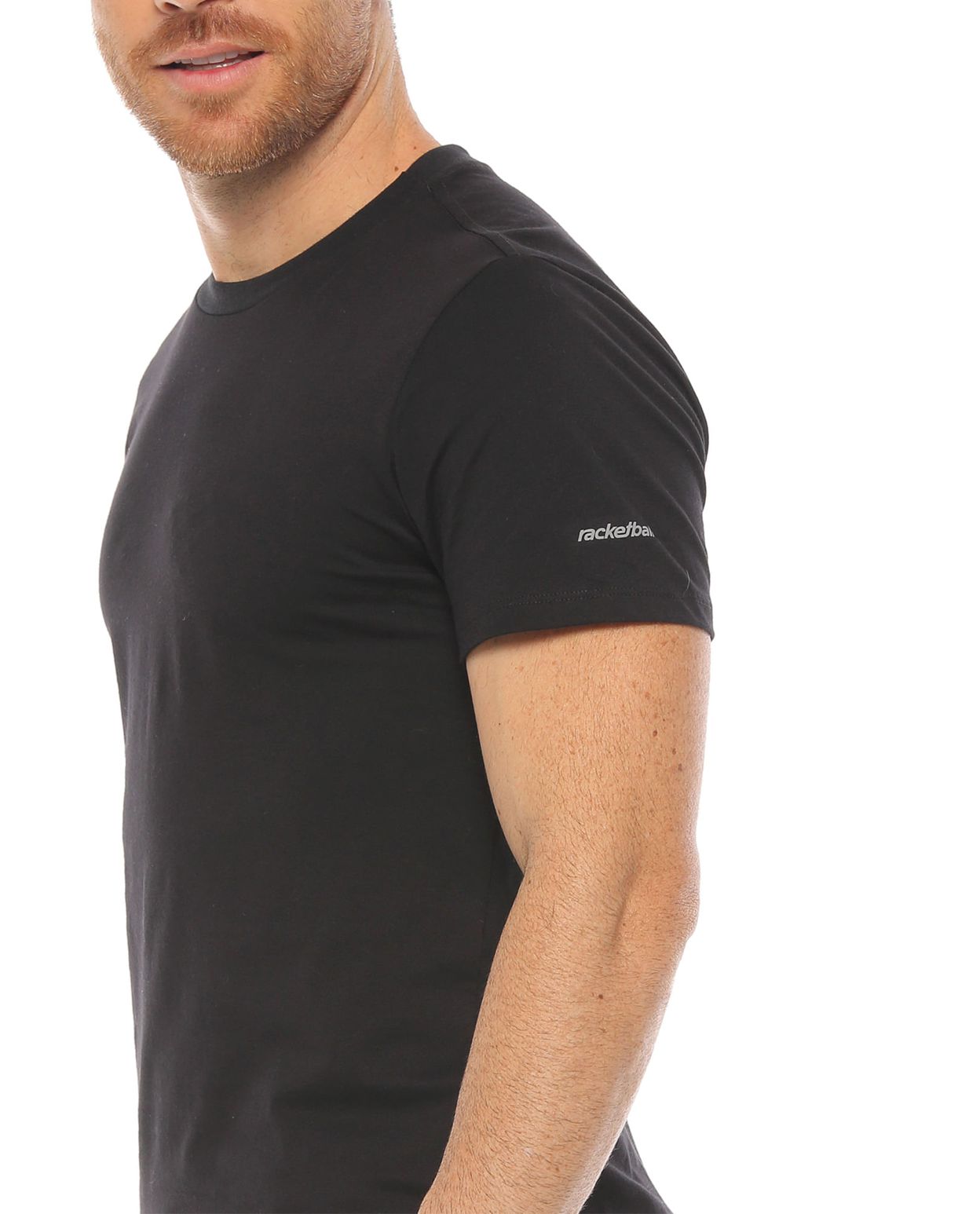 camiseta manga corta color negra para hombre parte lateral derecha con logo racketball