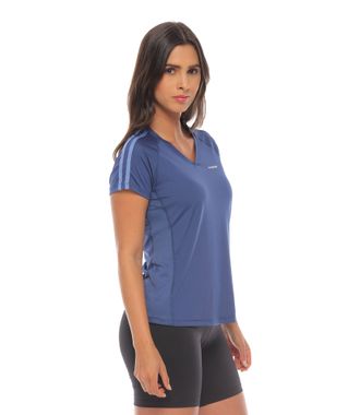 camiseta cuello v color azul hortensia para mujer parte lateral derecha