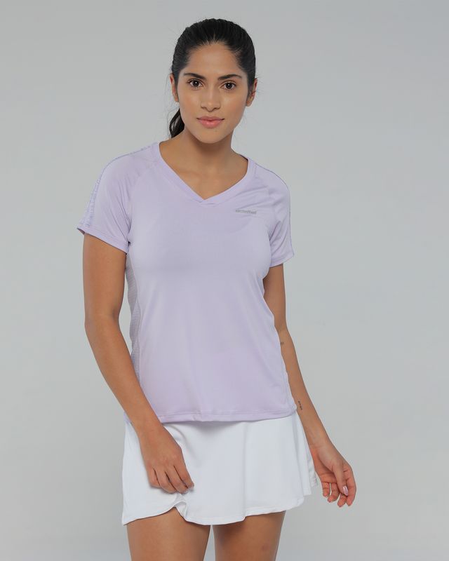 Camiseta cuello V para mujer, color lila jaspe - movil